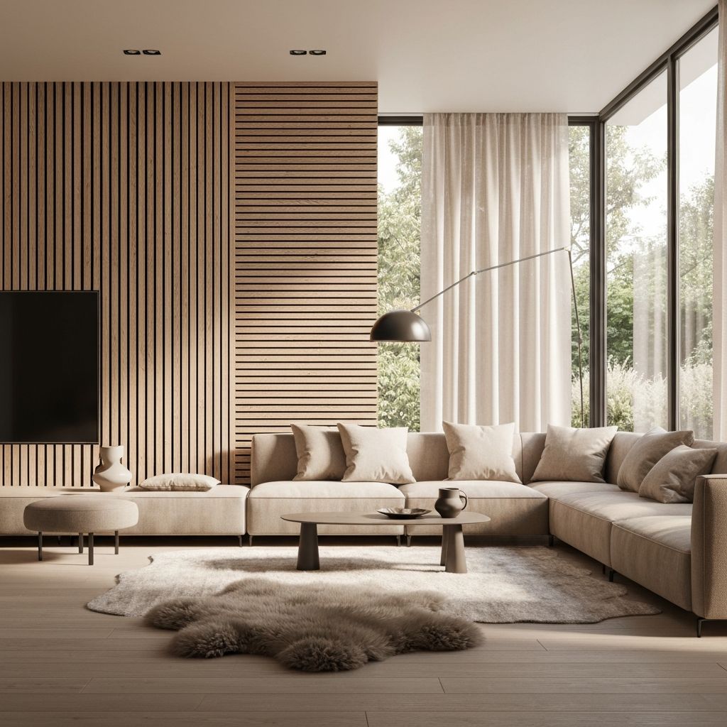 Modern Scandinavian living room with wood slat wall panels