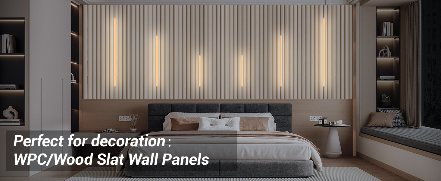 Bedroom decoration with recessed LED lighting and wood slat panels