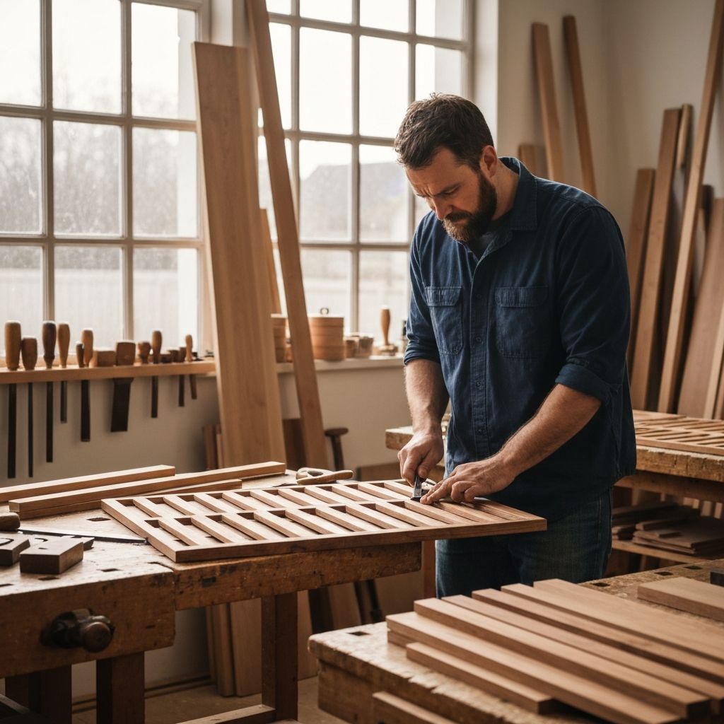 WOOD SHOP workshop with craftsman working on wood panels